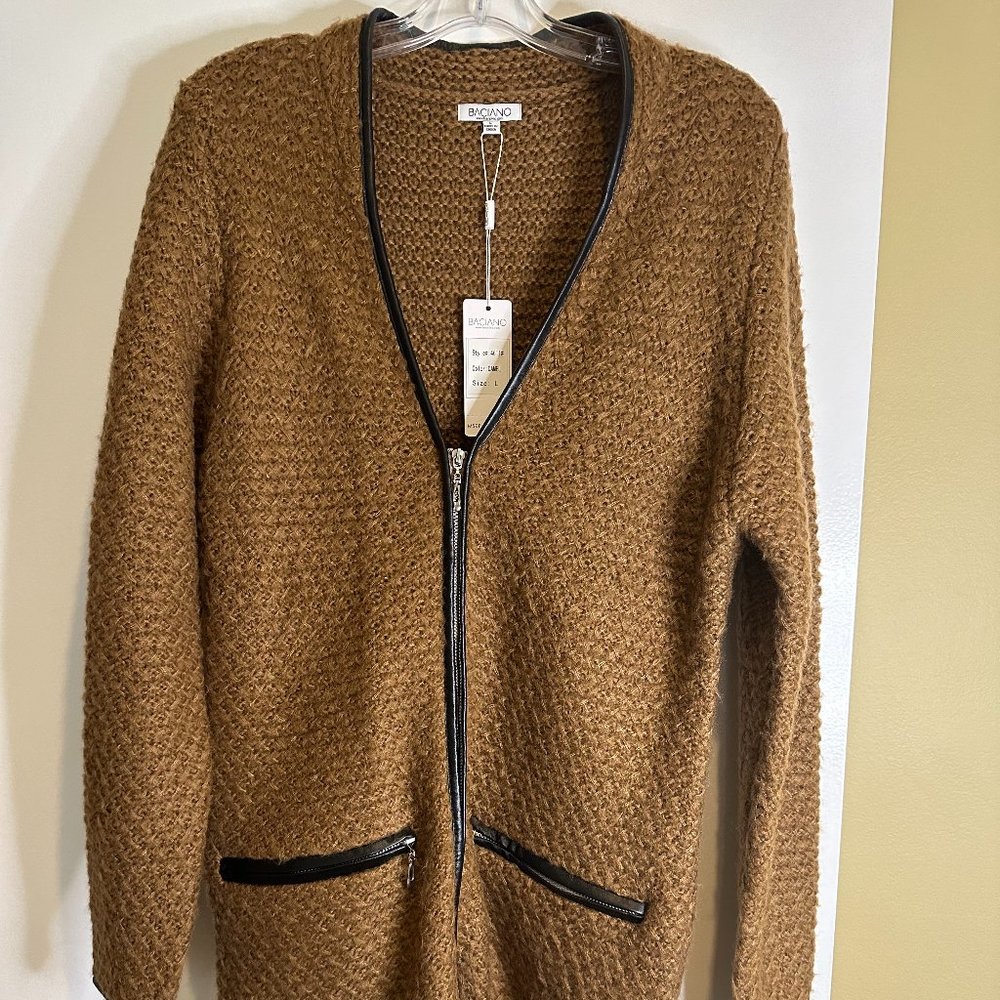 New Large Baciano zip front Brown Cardigan with black leather accents